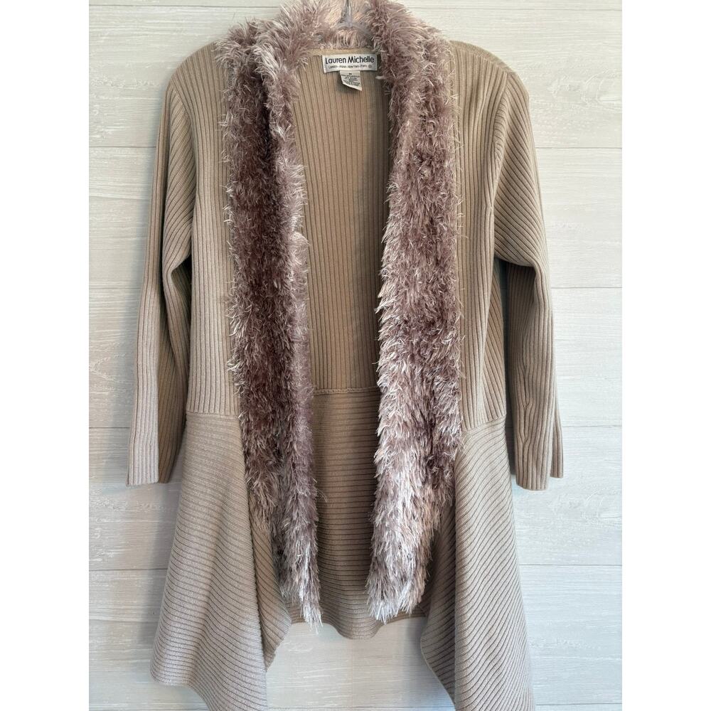 Cardigan Sweater Womens Tan Faux Fur Collar Open Front